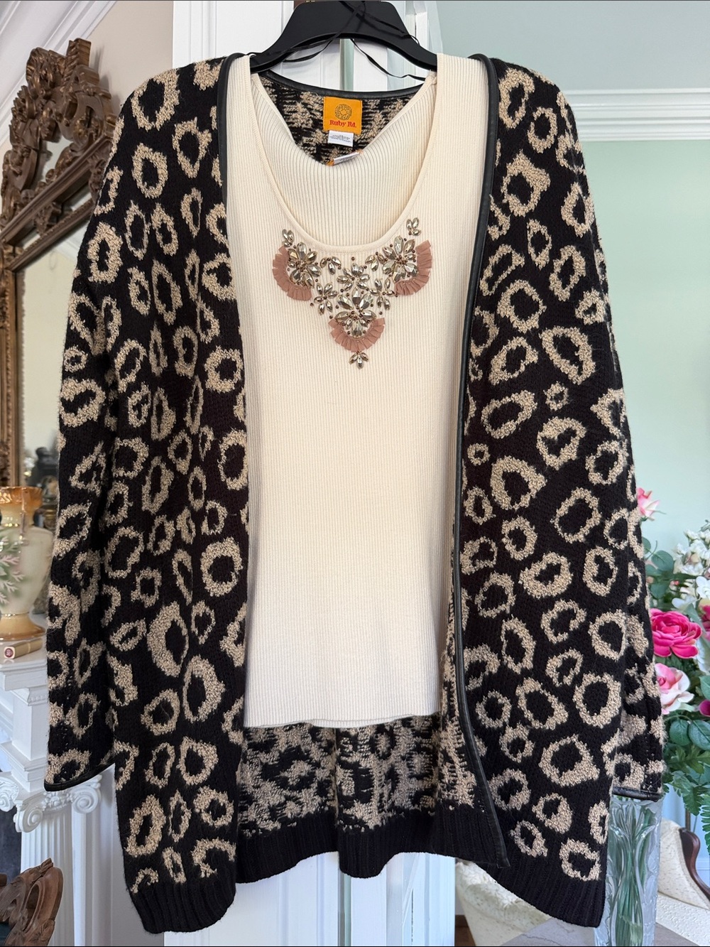 Ruby Rd. Leopard Print Open-Front Cardigan in Black and Cream 2 piece set